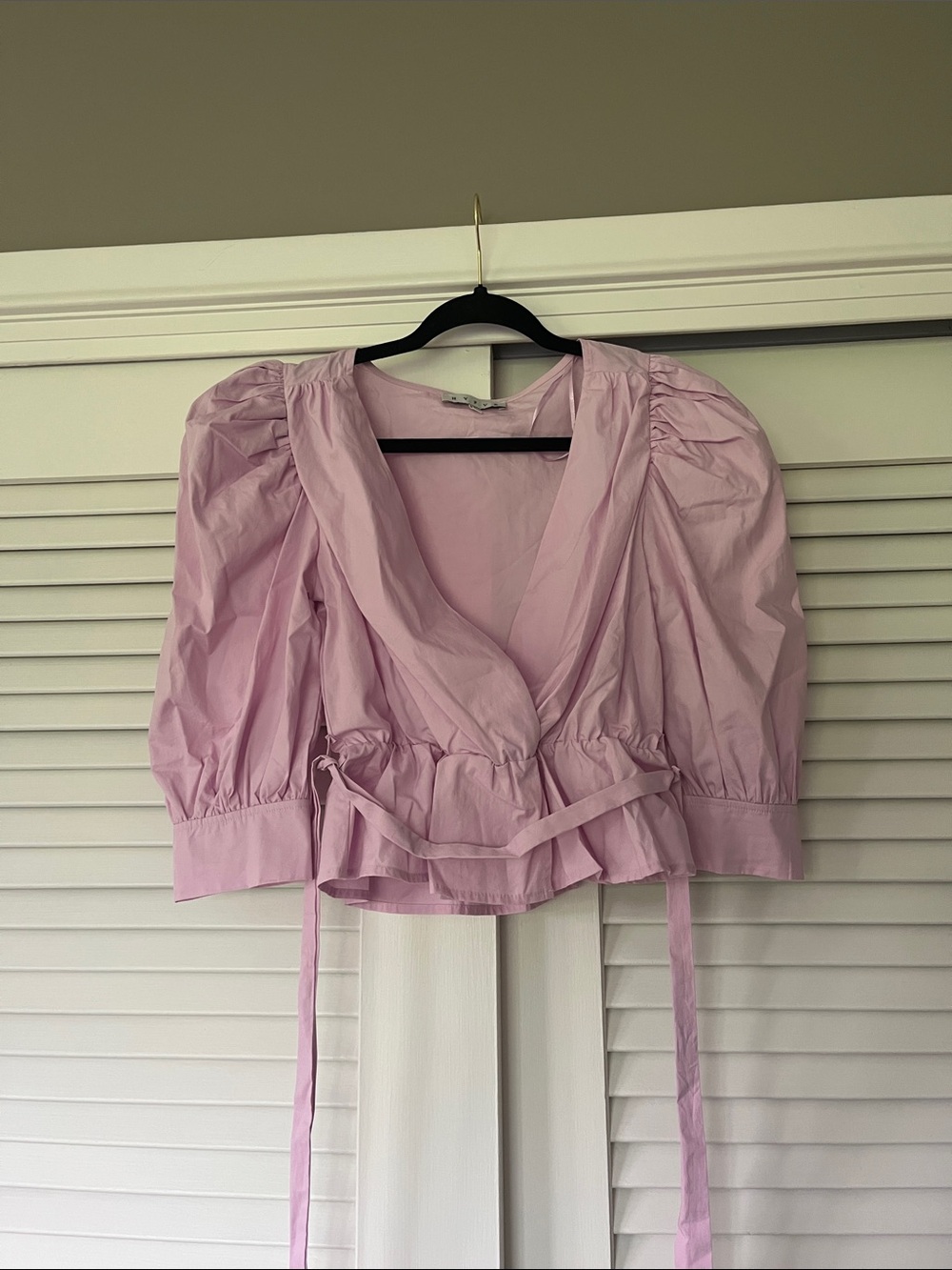 Light Pink Puff Sleeve Wrap Blouse - Women Tops